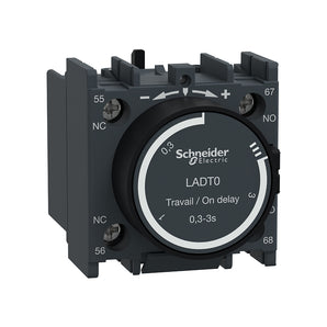 Time delay auxiliary contact block, TeSys Deca, 1NO+1NC, on delay 0.3-3s, front, screw clamp terminals