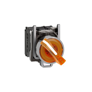 Illuminated selector switch, Harmony XB4, metal, orange handle, 22mm, universal LED, 2 positions, 1NO + 1NC, 230...240V AC