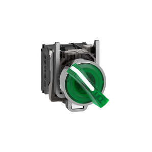 Illuminated selector switch, Harmony XB4, metal, green handle, 22mm, universal LED, 2 positions, 1NO + 1NC, 230...240V AC