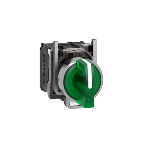 Illuminated selector switch, Harmony XB4, metal, green handle, 22mm, universal LED, 3 positions, 1NO + 1NC, 24V AC DC