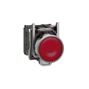 Illuminated push button, Harmony XB4, metal, red flush, 22mm, universal LED, plain lens, 1NO + 1NC, 230...240V AC