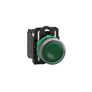 Illuminated push button, Harmony XB5, plastic, green flush, 22mm, universal LED, plain lens, 1NO + 1NC, 230...240V AC