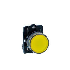 Illuminated pushbutton, Harmony XB5N XB7N, plastic, flush, yellow, 22mm, spring return, 230V AC, 1 NO