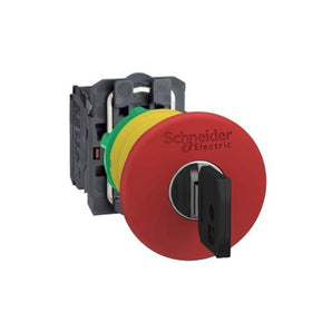 Emergency stop switching off, Harmony XB5, plastic, red mushroom 40mm, 22mm trigger latching key release, 1NO+1NC