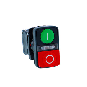 ill double-head push button, Harmony XB5N XB7N, plastic, 22mm, 1 green flush + 1 red projecting, marked, 230V AC, 1NO 1NC