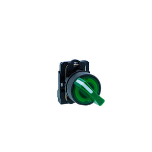 Ill selector switch, Harmony XB5N XB7N, plastic, green, 22mm, short handle, 2 position, stay put, 230V AC, 1 NO