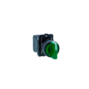 Ill selector switch, Harmony XB5N XB7N, plastic, green, 22mm, short handle, 3 position, stay put, 230V AC, 2 NO
