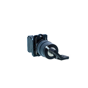 Key selector switch, Harmony XB5N XB7N, plastic, black, 22mm, short handle, 3 pos, stay put, middle key release, 2 NO
