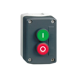 Complete control station, Harmony XALD, XALK, plastic, dark grey lid, 2 flush push buttons 22mm, marked I O, 1NO+1NC