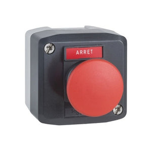 Control station, Harmony XALD, XALK, plastic, dark grey, 1 red mushroom 40mm push button, 22mm, 1 NC, legend holder marked ARRET