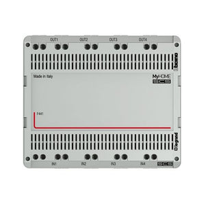 6 DIN audio video node set up with 4 input terminals and 4 output terminals